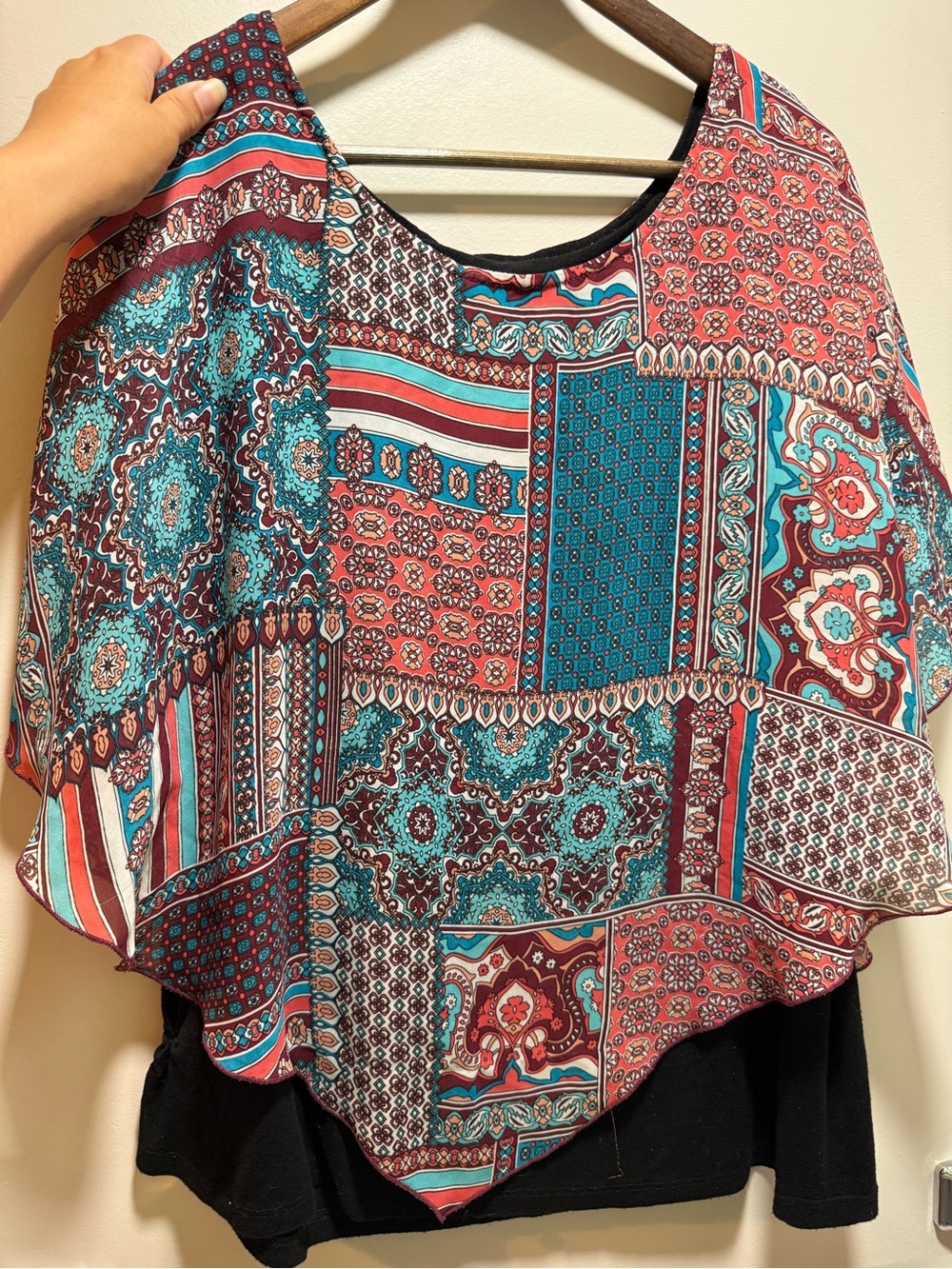 Women’s Boho Patchwork Cape Top in Teal & Coral - Unbranded